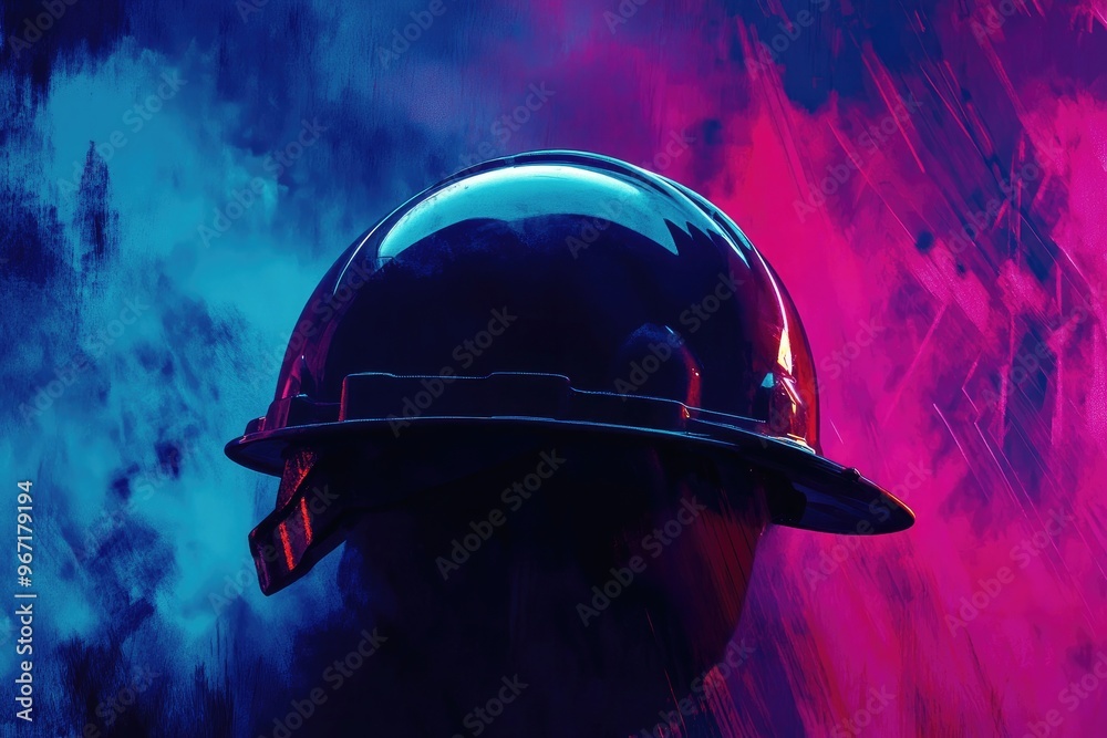 Canvas Prints Black Hard Hat Against a Neon Blue and Pink Background