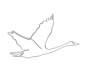 Simple black line drawing of a swan in flight, emphasizing elegance and grace in a minimalist style on a white background.