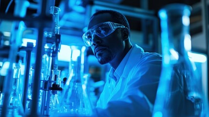 Scientist in a Lab Looking at Chemical Solutions