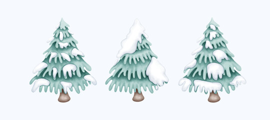 Hand-Drawn Watercolor green Christmas Pine Trees with Snow-Covered Branches