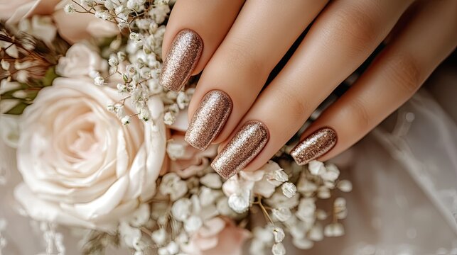 Elegant brown queen nails on a womanaes hand holding a delicate bouquet, bridal setting with soft lighting and luxurious vibes