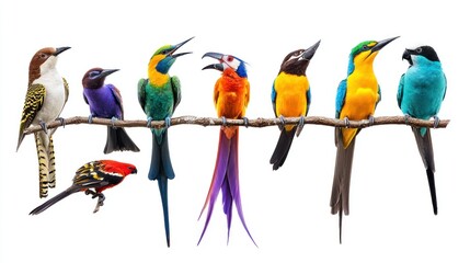 Obraz premium Colorful Birds Perched on a Branch Against a White Background