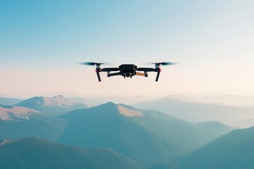 Fototapeta na wymiar A drone flying over a landscape, capturing aerial footage as it moves through the sky, drone on the move, tech on the go