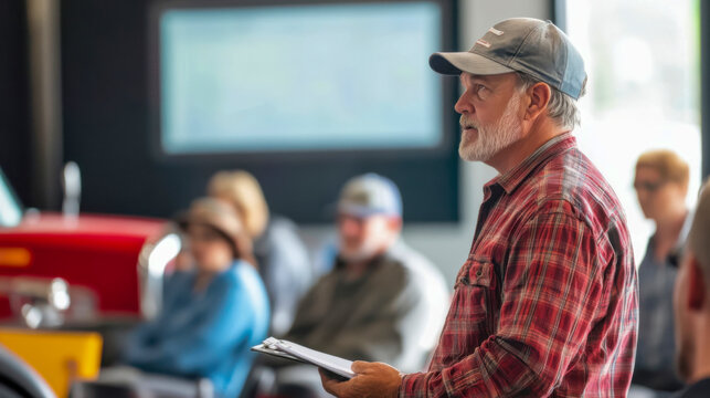 A man presents agricultural safety tips at a community workshop in a rural setting during the afternoon