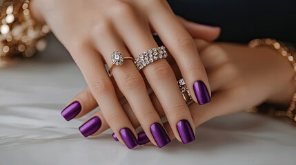 Fototapeta premium Elegant female hands with purple nail polish, resting on a white table, with jewelry accents like rings and bracelets adding luxury