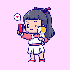 Cute Girl Selfie with Cat Cartoon Vector Icon Illustration.
People Animal Icon Concept Isolated Premium Vector. Flat
Cartoon Style