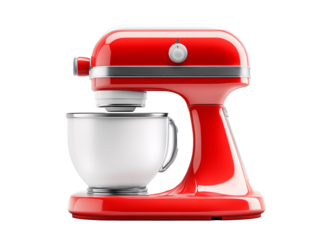 a red mixer with a bowl