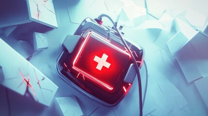 Futuristic Red Medical Device with Cross Symbol on White Background