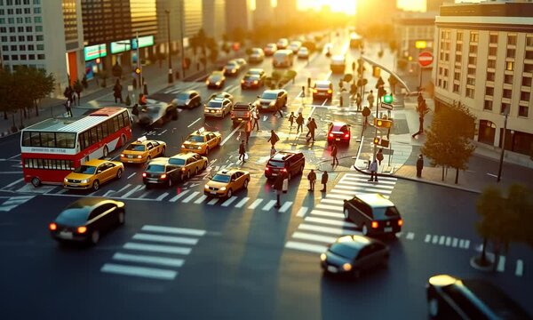 A busy city street corner with pedestrians crossing the road and cars honking in traffic. Video