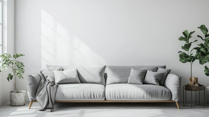 Elegant living room mock-up, gray sofa with soft pillows against a white wall, bright natural light, free space on the left for branding or decor ideas