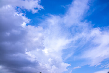 Clouds against the blue sky close-up. Changes in weather during the rainy season. Thunderclouds,...