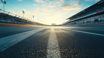 Race track view at sunset with grandstands and lights in the background