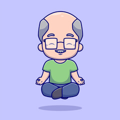 Fototapeta premium Cute Grandfather Meditation Yoga Cartoon Vector Icon Illustration. People Sport Icon Concept Isolated Premium Vector. Flat Cartoon Style 