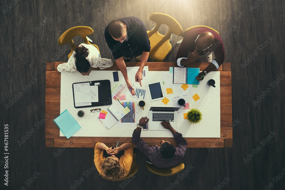 Poster top view, graphs or designers in meeting for discussion, teamwork or brainstorming in startup. creat