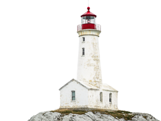 a white lighthouse on a rocky hill