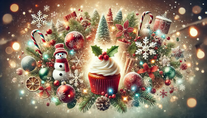 Fantastical Christmas-themed card designs with a cupcake, candy, snowflakes, snowman and festive decorations and dreamy backgrounds