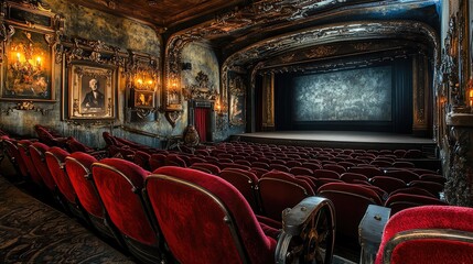 A vintage theater interior featuring ornate decorations, plush red seats, and a captivating stage ready for a performance.