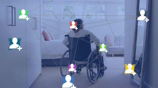 Animation of network of connections over senior african american woman sitting in whellchair