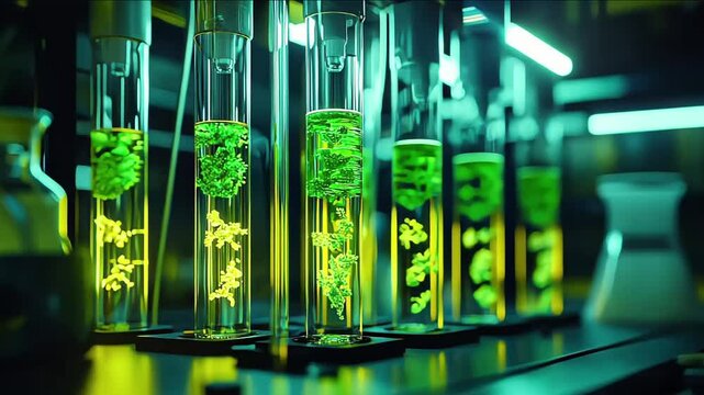A fusion of biology and technology with a photograph depicting stem cells in an advanced bioreactor set in a biopunk-style lab enhanced by vibrating wires and sophisticated monitoring systems