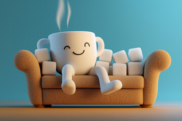 Smiling Coffee Cup Character Relaxing on a Couch with Sugar Cubes