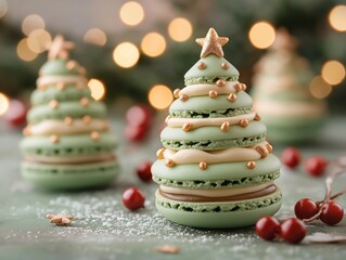 Festive green macaron shaped like a Christmas tree with holiday decor
