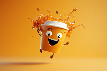 Happy Coffee Cup Character Splashing with Joy