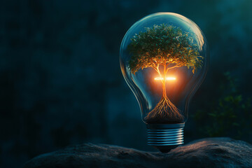 Tree Growing Inside a Light Bulb with Glowing Roots in Dark Setting