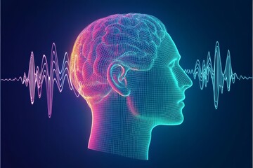 Thought transmission light particles neural tension waveform and mind abstract profile with soundwaves representing neural communication and thought processing Consciousness v/s AI