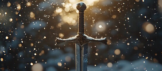 Fototapeta premium A sword covered in snow with a soft light bokeh in the background.