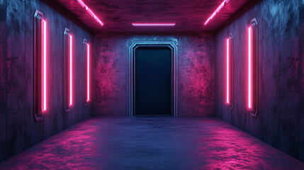 Futuristic Corridor with Glowing Neon Lights - Cyberpunk Interior Design