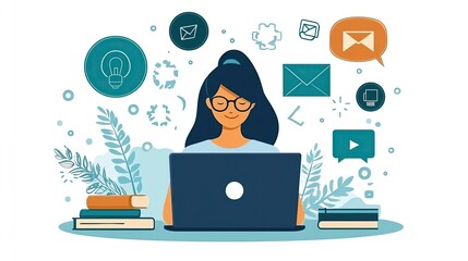 A woman working on a laptop surrounded by colorful digital communication icons and books, embodying productivity and creativity.