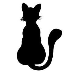 Cat silhouette from behind. Black outline drawing for Halloween. Hand drawn isolated graphic clipart. Linear animal illustration for decor and party invitation design. Cute pet. Simple doodle style