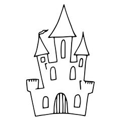 Haunted house silhouette. Outline black drawing for Halloween. Hand drawn isolated graphic clipart. Line illustration with mansion for creepy invitation decor, horror. Simple Doodle style