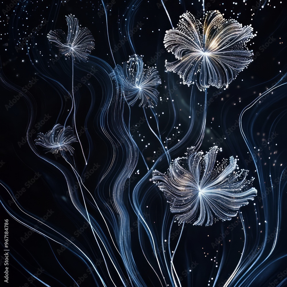 Canvas Prints Abstract digital art of glowing flowers with a black background.