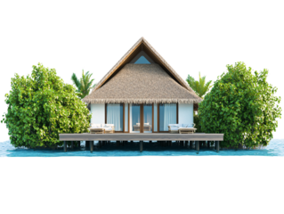 a house with a thatched roof and trees