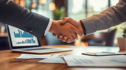 A professional handshake symbolizes agreement and partnership in a modern workspace with financial documents and a laptop.