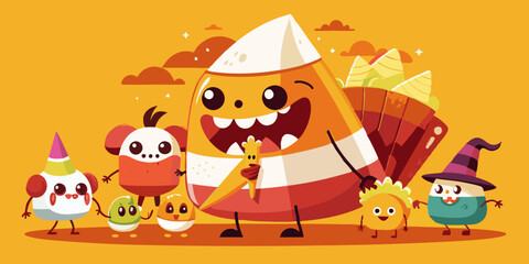 Fototapeta premium Candy Corn Vector with Festive Characters Sharing Treats