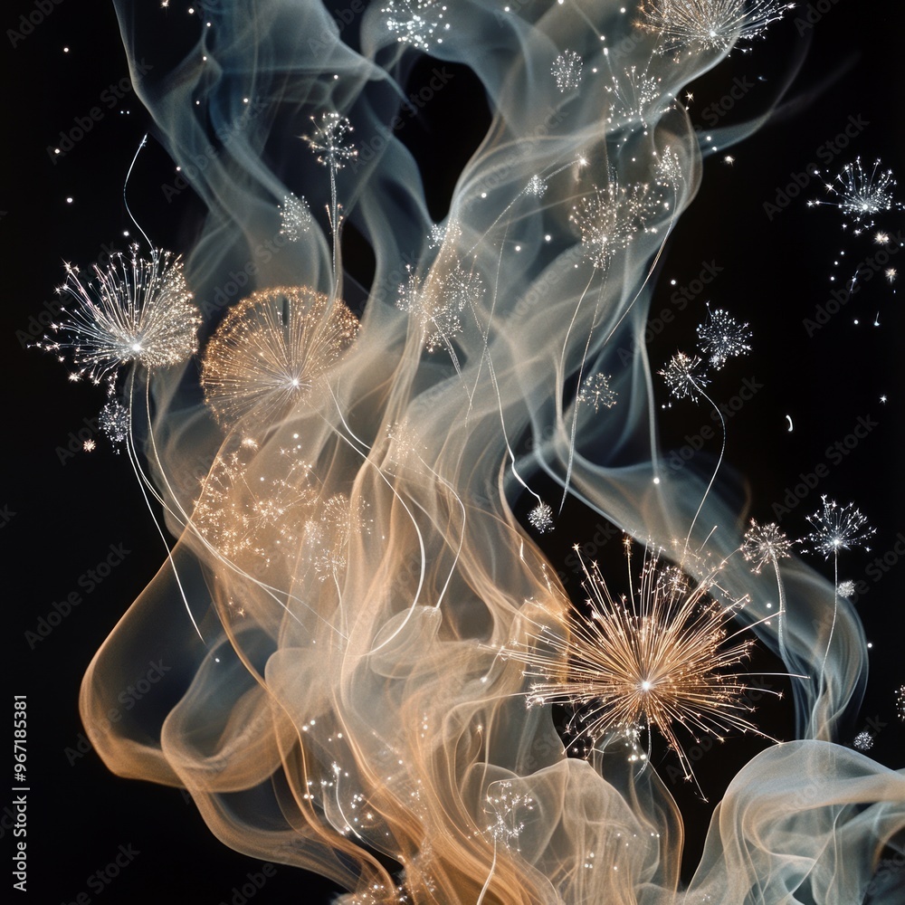 Sticker Abstract image of swirling smoke with dandelion-like shapes in gold and silver on black background.