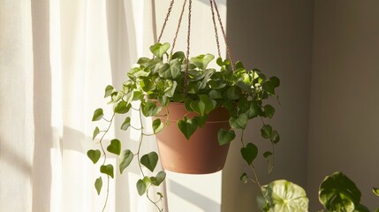 a potted English ivy as hanging house plant, golden hour photography