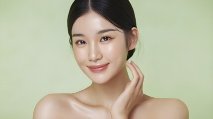 young korean woman with smooth, clear skin, minimal makeup, and dark brown eyes. Her hair is black and neatly pulledback, emphasizing her clean and natural look.