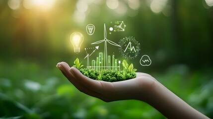 A hand illustrating green energy concepts on a natural green surface, the hand is depicted with fine details, the illustration includes wind turbines, a bar graph with positive growth, and