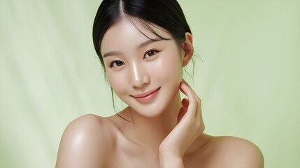 young korean woman with smooth, clear skin, minimal makeup, and dark brown eyes. Her hair is black and neatly pulledback, emphasizing her clean and natural look.