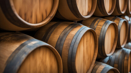 Wooden barrels of wine stacked high in a dark, damp cellar