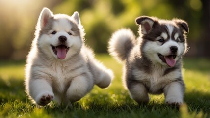 Two chubby Alaskan Malamute puppies are running energetically in a green field under bright sunlight.