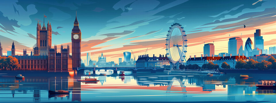 Vibrant illustration of london's panorama featuring iconic landmarks reflected in the thames at dusk, evoking a serene cosmopolitan vibe