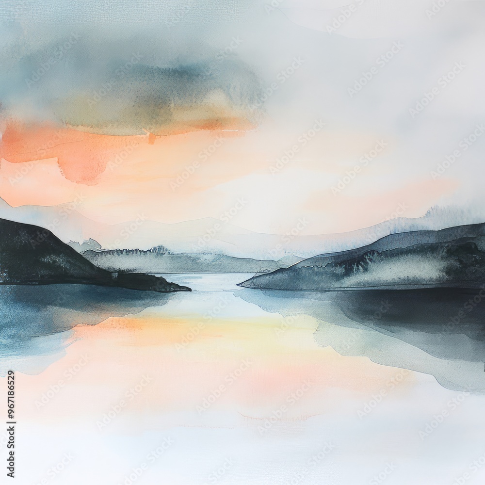 Canvas Prints Abstract watercolor painting of a mountain lake with a cloudy sunset sky.