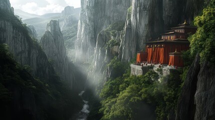 Fototapeta premium A hidden monastery in a valley, surrounded by towering cliffs and dense forests, with monks meditating.
