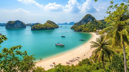 A breathtaking tropical beach scene featuring crystal-clear turquoise waters gently lapping against soft, white sand. Lush green palm trees sway in a light breeze, framing the view. I