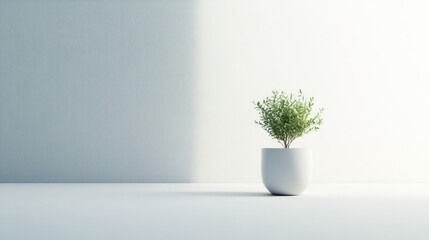 A potted plant in a white pot against a white and light blue wall.