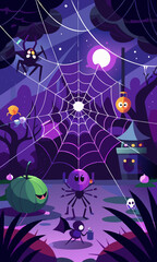 Giant Spider Web Scene, Spooky Elements and Characters, Dark Purple to Black Gradient Background